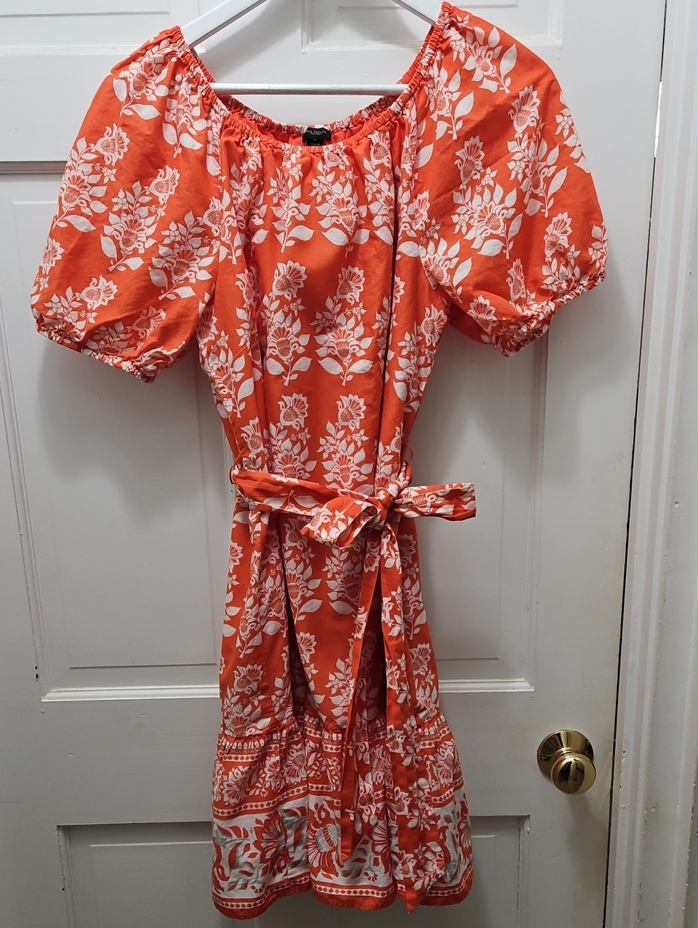 Ann Taylor Factory Orange Floral Puff-Sleeve Tie-Waist Midi Dress
